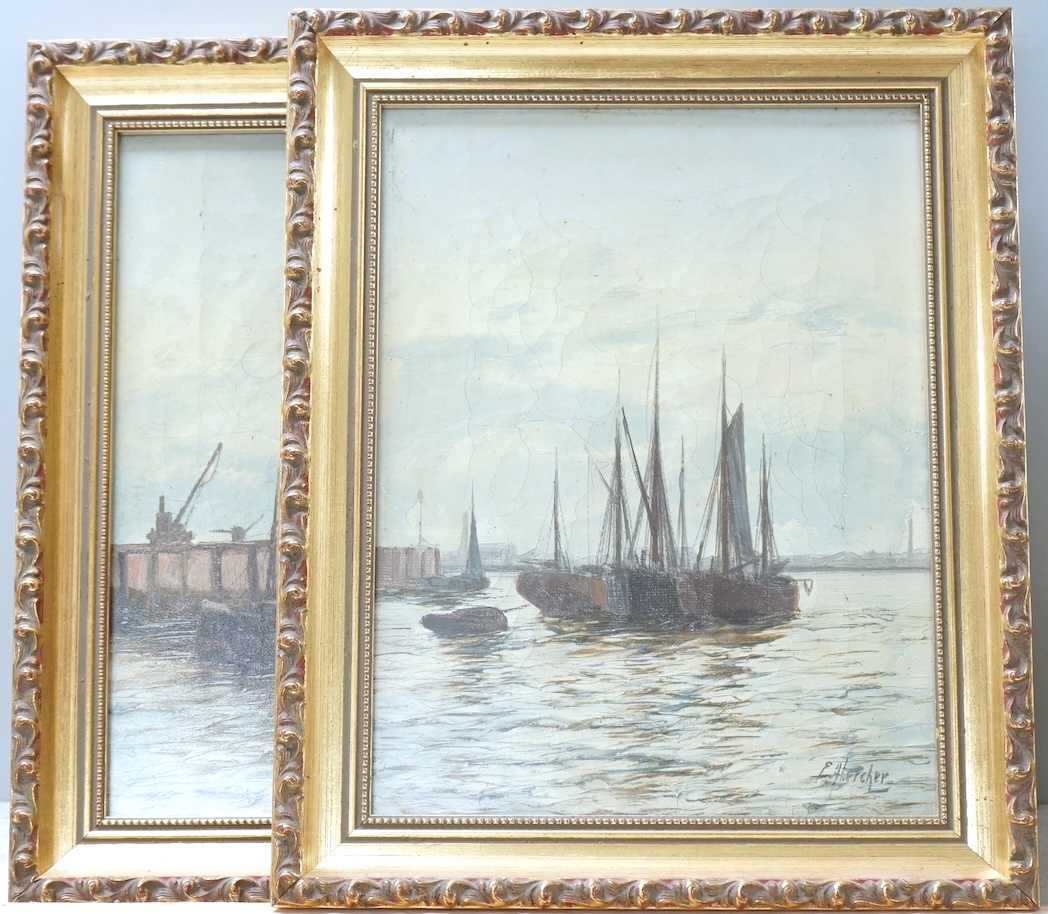 Edwin Henry Eugene Fletcher (1857-1945), pair of oils on canvas, Seascapes with boats, each signed, 22 x 15cm, gilt framed